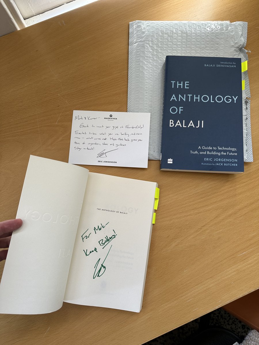 Received the sweetest gift in my mailbox today — the handwritten letter to me and @kumareth is very thoughtful. Thank you @EricJorgenson! cc: @balajis