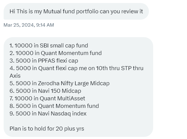 Someone shared their 8 Mutual Funds SIP Portfolio. 5 points on this 👇 1. Funds - As I have always said, if you own more than 5-6 funds; you should immediately reevaluate yourself & your portfolio. It is not your fault; there must be some bias working in your mind, forcing you