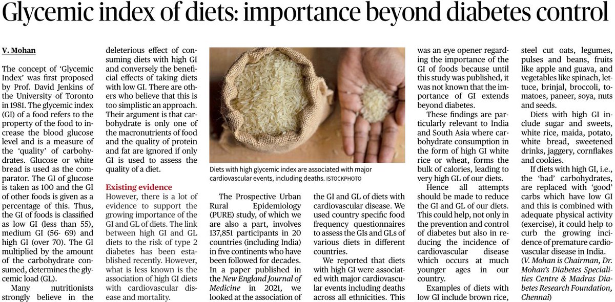 Our Chairman's article in 'The Hindu' today about the importance of the Glycemic Index in diet.

#glycemicindex #diettips #nutrition #diabetescare #awareness #drvmohan #drmohansdiabetes
