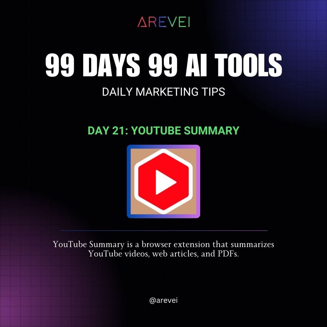 Daily AI Marketing Tips :- ➡️Day 21 : Youtube Summary Follow @areveiofficial for more. . . . #YouTube #google #AITools #branding #marketing #DigitalMarketing #digitalagency #arevei