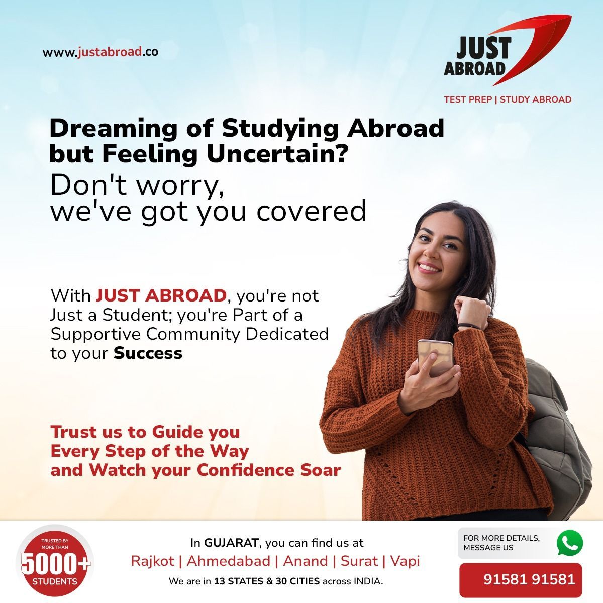 🌟🌍 Dreaming of studying abroad but feeling uncertain? Don't fret! Just Abroad is here to provide the guidance and support you need to turn your aspirations into reality. 🎓✈️ 

#JustAbroad #StudyAbroad #DreamBig #FutureLeaders #GlobalEducation #EducationalAdventure 📚🌏