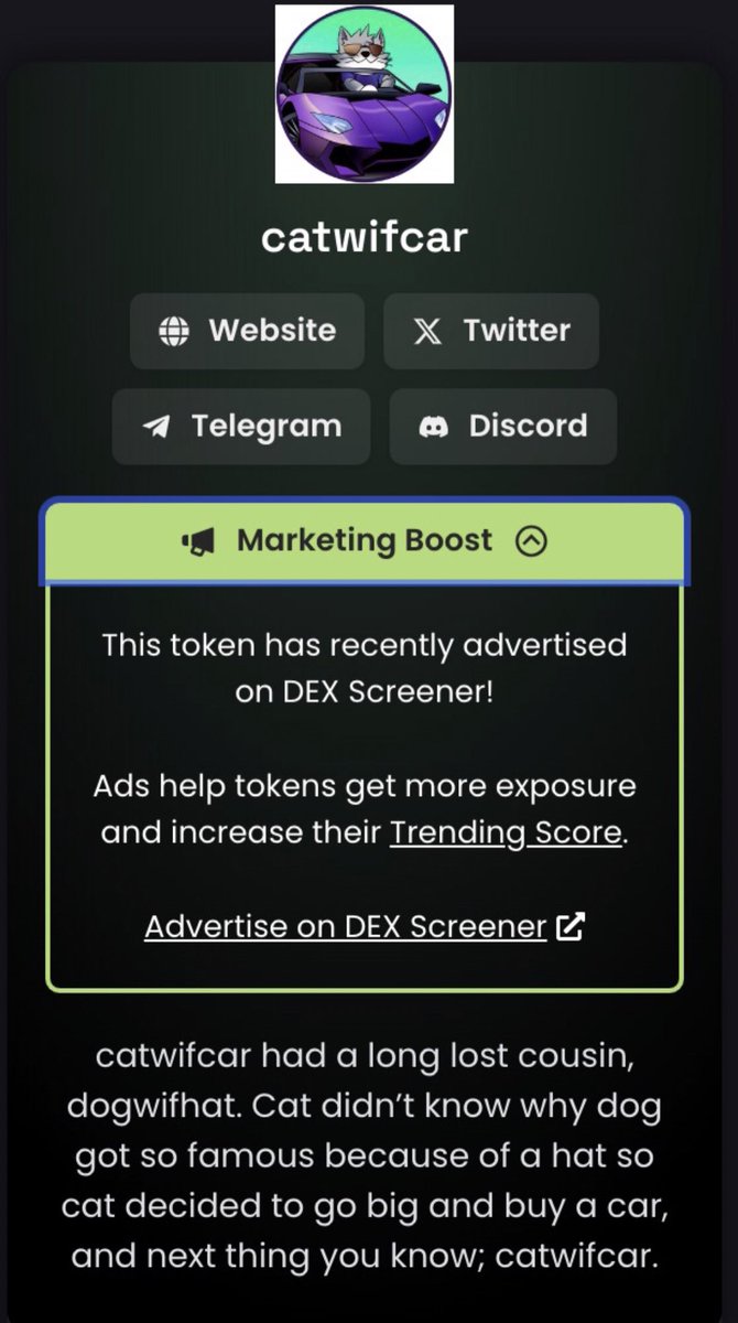 CatWifCar_Sol's tweet photo. Dexscreener ads up and running! 🔥 https://t.co/0BqJyVSE7T