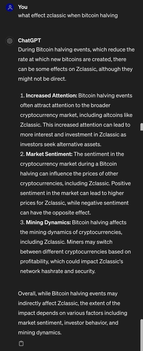 I asked chatgpt the effect of bitcoin halving on Zclassic🤔

#Zclassic #ZCL $ZCL