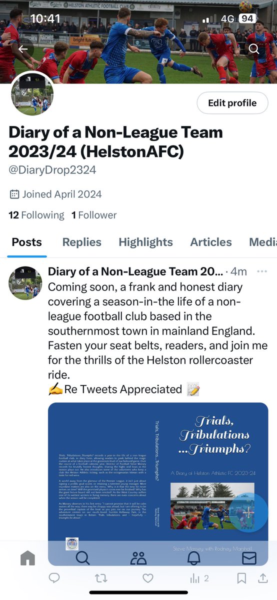 Steve Massey (@goal_mass) on Twitter photo COMING SOON..
With 1Week @TSWesternLeague left &10 months work Doneβ¦
Iβd be Delighted if any of my followers could give New Account a Follow &stay up to date for exciting New Book, out VERY soon.
<a href="/DiaryDrop2324/">Diary of a Non-League Team 2023/24 (HelstonAFC)</a>
And Any Re Tweets would be greatly appreciated.. Thank You COMING SOON..
With 1Week @TSWesternLeague left &10 months work Doneβ¦
Iβd be Delighted if any of my followers could give New Account a Follow &stay up to date for exciting New Book, out VERY soon.
<a href="/DiaryDrop2324/">Diary of a Non-League Team 2023/24 (HelstonAFC)</a>
And Any Re Tweets would be greatly appreciated.. Thank You