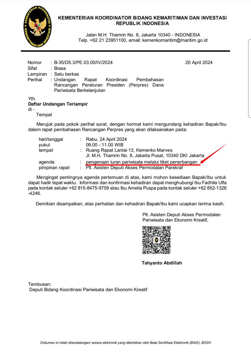 alvinlie21's tweet photo. Melengkapi unggahan saya kemarin, untuk menunjukkan bahwa saya tidak mengada-ada & agar tidak terjadi dugaan yg mboten-mboten alias fitnah, berikut saya tampilkan halaman pertama Undangan Rapat Koordinasi Pembahasan Rancangan Peraturan Presiden Dana Pariwisata Berkelanjutan dengan agenda Pengenaan Iuran Pariwisata Melalu Tiket Penerbangan

Saya tampilkan ini karena Undangan tsb sifatnya Biasa, bukan Rahasia