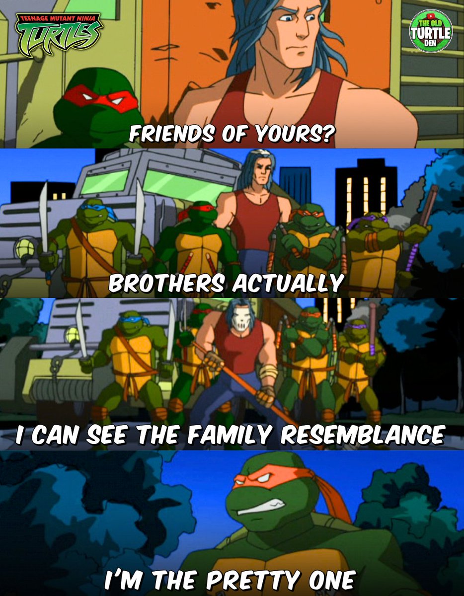 #TMNT Quotes 📺 🏒 Casey Jones: Friends of yours? 🔴 Raphael: Brothers actually 🏒 Casey Jones: I can see the family resemblance 🟠 Michaelangelo: I'm the pretty one Teenage Mutant Ninja Turtles (2003)