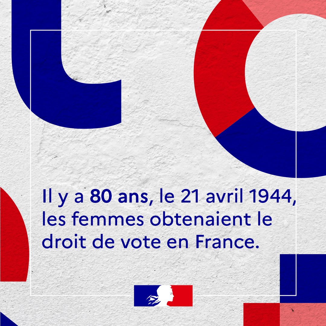 | DROITS DES FEMMES | ➡️Il y a 80 ans, le 21 avril 1944, les femmes obtenaient le droit de vote en France. 👉Ce jour-là, elles ont aussi gagné le droit de se présenter à une élection. #ToutesEtTousEgaux L’égalité entre les femmes et les hommes, grande cause du quinquennat. En