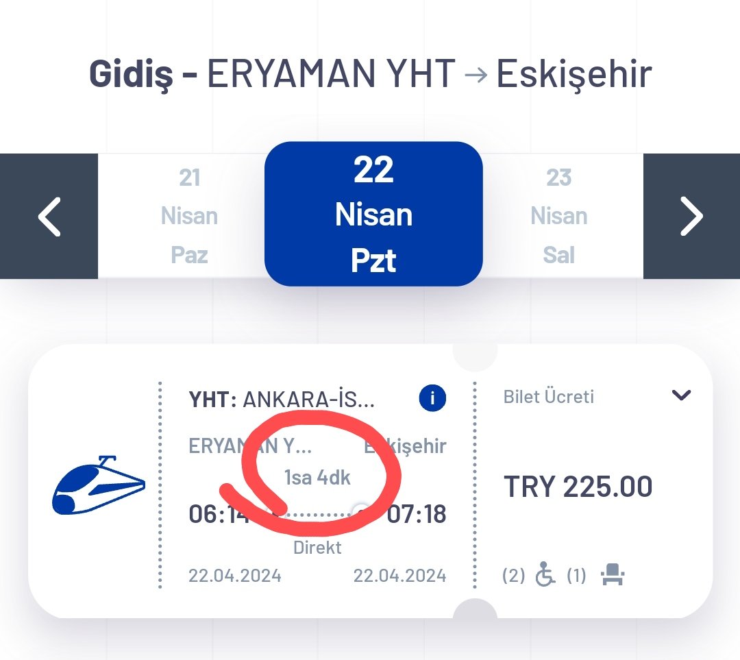 Ankara'da toplu taşımanın özeti: Eryaman'dan YHT Eryaman Gar'a gidip trenle Eskişehir'e gidecekseniz arabanızla 1.fotodaki 4-5 km lik yolu 8 dk.da gidersiniz. Otobüsle gidecekseniz 2.fotodaki gibi 46 dk dolaşırsınız ki bu 1 saati bulur. Eskişehir'e de zaten 1 saatte gidiliyor.