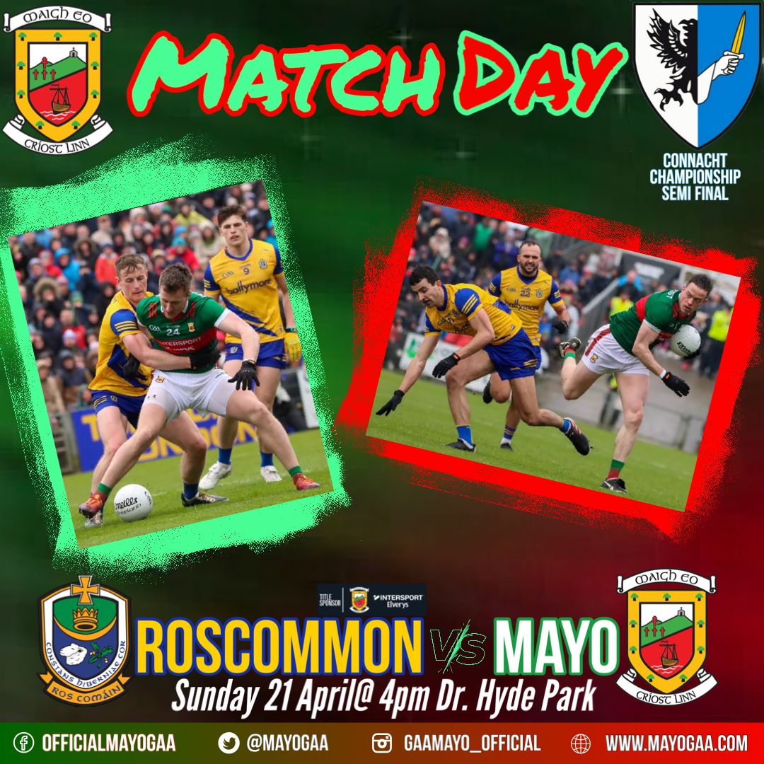 Match Day for our senior footballers. ,🟢🔴 We face off today against Roscommon this time for a place in the Connacht GAA Senior Championship final. Let's make sure we show our support 💪🏻 ⏰ Throw-in at 4.00pm at DR Hyde Park. 📻 Tune into Midwest Radio 📺 Live on RTÉ Sport