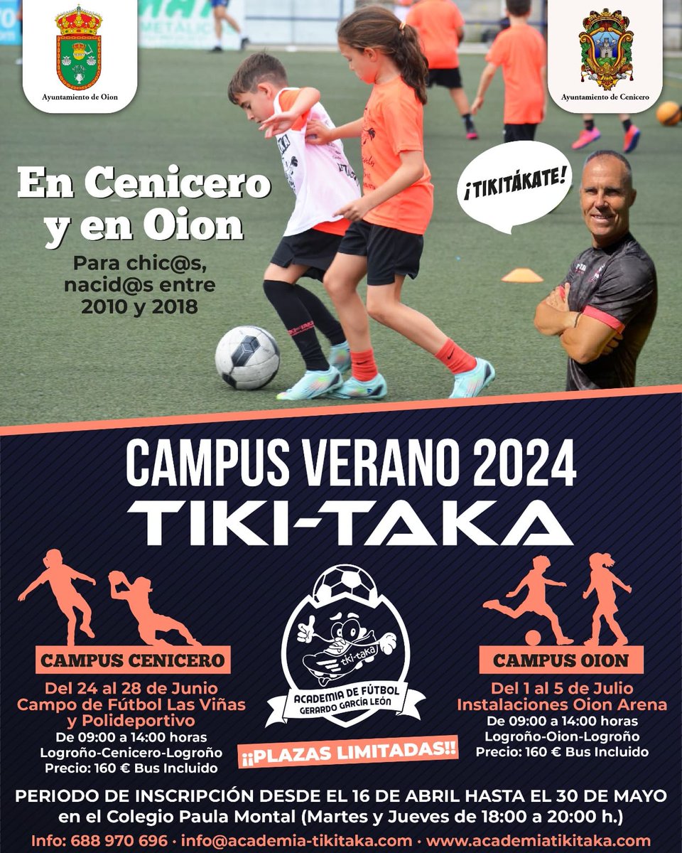 Academia TikiTaka (@academiatikitak) on Twitter photo ¡¡¡ NO TE LO PUEDES PERDER !!! 
 APRENDE DIVIRTIÉNDOTE de la mano de <a href="/GerardoGLeon7/">gerardo garcia leon</a>
CAMPUS TIKI TAKA EN CENICERO y EN OION
CENICERO : Campo de hierba natural de futbol 11 y polideportivo.
OION : Campo de fútbol 11 hierba artificial 
Inscripciones: 
forms.gle/XCw7dgw85qGnET… ¡¡¡ NO TE LO PUEDES PERDER !!! 
 APRENDE DIVIRTIÉNDOTE de la mano de <a href="/GerardoGLeon7/">gerardo garcia leon</a>
CAMPUS TIKI TAKA EN CENICERO y EN OION
CENICERO : Campo de hierba natural de futbol 11 y polideportivo.
OION : Campo de fútbol 11 hierba artificial 
Inscripciones: 
forms.gle/XCw7dgw85qGnET…
