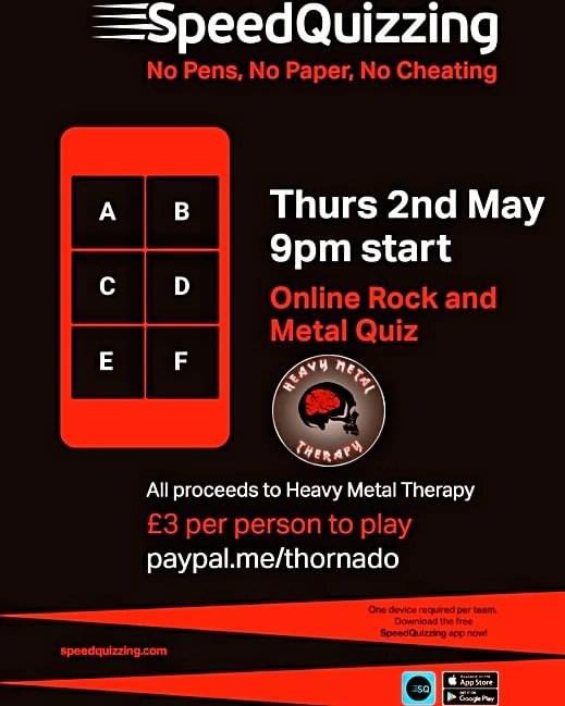 Rock and metal quiz night raising money for HMT on Thursday 2nd May, online. Huge thanks to Phill of @PrimordialRadio for hosting this. You will need zoom and the speedquizzing app, one device per team. DM for more info #primordialradio #quiz #heavymetal #MentalHealth