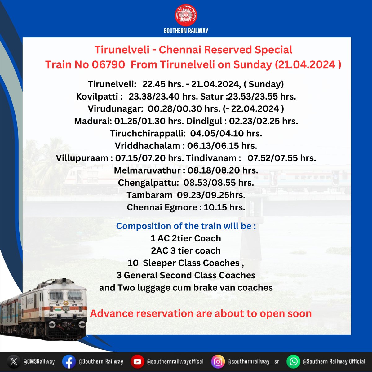 Tirunelveli - Chennai Reserved Special 
Train No 06790  From Tirunelveli on Sunday (21.04.2024 ) 

Advance reservation are about to open soon!
Kindly, assengers take note and plan your trip accordingly

#SouthernRailway #Specialtrain #Railways #Railwayupdates