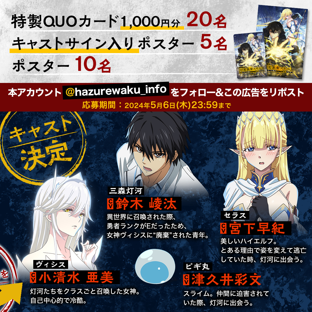 hazurewaku_info's tweet photo. ◤  #ハズレ枠 の【状態異常スキル】で
  最強になった俺がすべてを蹂躙するまで ◢

🎉キャスト発表記念キャンペーン🎉

🔯応募方法🔯
1⃣@hazurewaku_info をフォロー
2⃣このポストをリポスト

キャストサイン入りポスターや
特製QUOカードなど抽選で35名様に🎁
コメントもお待ちしてます！