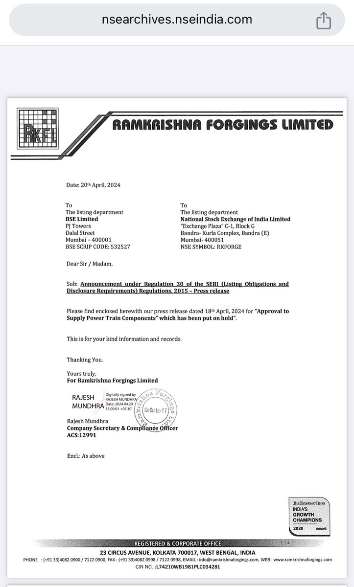 Ramkrishna Forgings Update by company:- 𝐴𝑝𝑝𝑟𝑜𝑣𝑎𝑙 𝑡𝑜 𝑠𝑢𝑝𝑝𝑙𝑦 𝑝𝑜𝑤𝑒𝑟 𝑡𝑟𝑎𝑖𝑛 𝑐𝑜𝑚𝑝𝑜𝑛𝑒𝑛𝑡𝑠 ℎ𝑎𝑠 𝑏𝑒𝑒𝑛 𝑝𝑢𝑡 𝑜𝑛 𝐻𝑂𝐿𝐷 CMP: 772 Last week rally : 12% 🚨