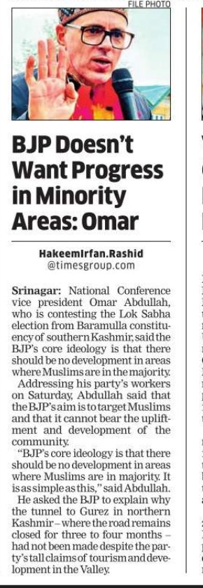 'BJP doesn't want progress and development in Muslim majority areas' Omar Abdullah #Kashmir m.economictimes.com/news/elections…
