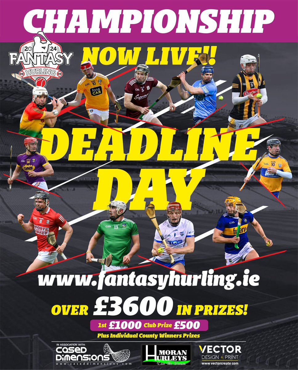 🚨DEADLINE DAY🚨 We’ve a 12 noon deadline to get your teams in or to make final changes 💪 Any questions shout, or feel free to post your current team below 👊 #KnowYourHurling #ProveIt 📲 championship.fantasyhurling.ie