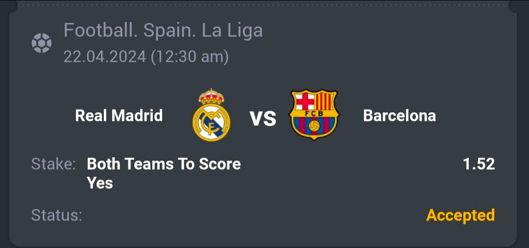 Soccer - LaLiga

Real Madrid CF VS FC Barcelona

⚽️ BTTS
🔖 1.52
💵 10 Units

#GamblingTwitter #SportsBetting #TeamParieur #SportsBet #Betting #FreePicks #A3RBET #SportsBettor

#LaLiga #LaLigaSantander #Spain #Soccer #Football

Like + RT