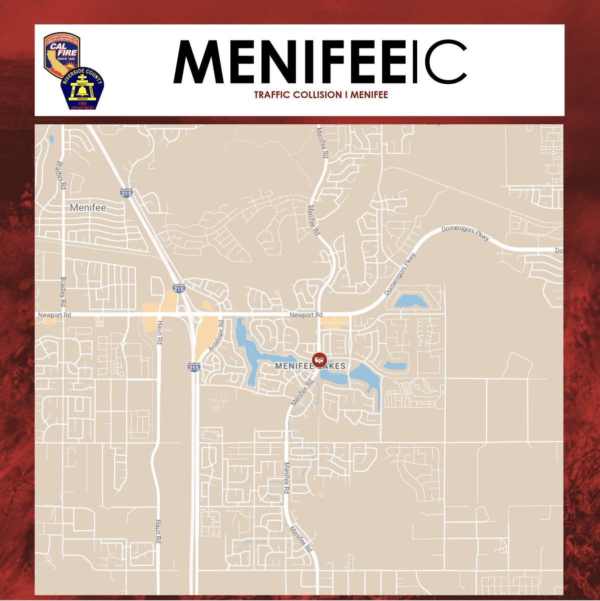 Traffic Collision:rpt@9:16 p.m. Menifee Road X Loire Valley Lane in Menifee. Motorcycle into a light pole, resulting in fire of the motorcycle and nearby ornamental vegetation. Firefighters contained the fire at 9:24 p.m. and the rider was declared deceased at the scene. Public…