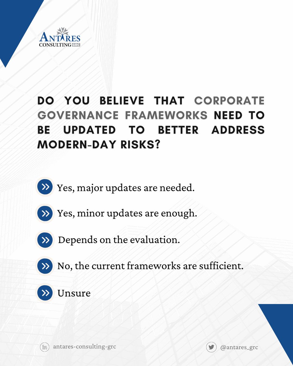 Do you believe that corporate governance frameworks need to be updated to better address modern-day risks?

#AntaresConsulting #CorporateGovernance #InternalAudit #RiskManagement #Compliance #SaudiArabia #Saudi