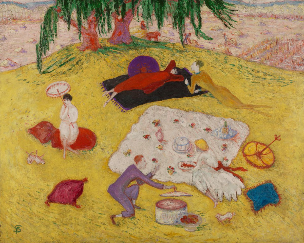 Florine Stettheimer moved away from conventional academic practice to develop her own self-consciously “naïve” modernism of simple forms and vivid colors, derived from both European and Asian sources.📘📲 getdailyart.com
🏛 @PAFAcademy
Picnic at Bedford Hills 1918