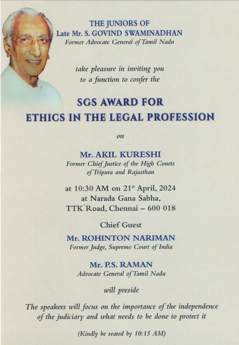 Former CJ of Tripura and Rajasthan HC, Justice Akil Kureshi is being conferred the SGS Award for Ethics in Legal Profession.