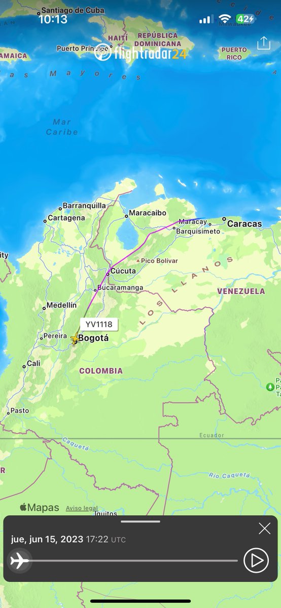 BCN_Plus's tweet photo. Ahora, volvamos a los aviones sancionados de Venezuela, que visitan a Colombia.

Petro en Alemania.

El 15 de junio del 2023 Petro se encontraba en Alemania y ¡oh sorpresa! ese mismo día el avión #YV1118 vuela hacia a Colombia. 

A las 14:39 cuando Petro se encontraba rumbo a Alemania, el avión #YV1118 se encontraba rumbo a Colombia. A las 16:02 aterriza en Bogotá. El mismo 15 de junio, a las 17:22, 1 hora y 20 minutos después, despega de Bogotá rumbo a Venezuela.

¿Qué hacía un avión de Venezuela en Colombia? Y ¿por qué estuvo solo por una hora?