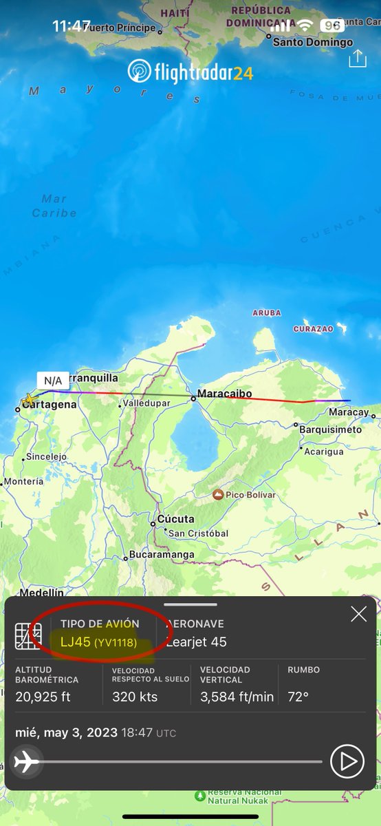 BCN_Plus's tweet photo. Petro en España:

Y como si no fuera ya mucho coincidencia, el 3 de mayo del 2023 cuando Petro se encontraba en España. 

El avión #YV1118 viaja desde Venezuela hacia Colombia, pero esta vez su destino es, la costa, al parecer Cartagena. A las 16:31 el avión se Venezuela llega a Colombia, y a las 18:47 sale hacia Venezuela. 

Nuevamente el patrón se repite, un avión privado adscrito al régimen de Venezuela, vuela hacia Colombia cuando Petro no se encuentra, pernocta por 1 hora o más y se va. 

¿A qué vienen? ¿Qué se llevan? ¿Qué traen?