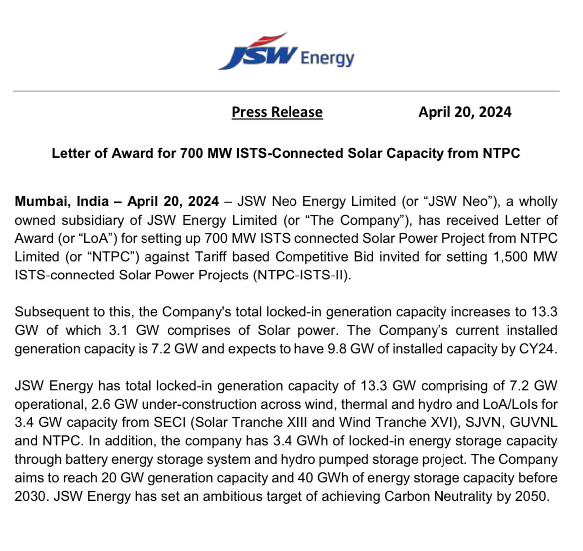 JSW energy - Letter of Award for 700 MW ISTS-Connected Solar Capacity from NTPC ✅

#jswenerrgy #sabarisecurities