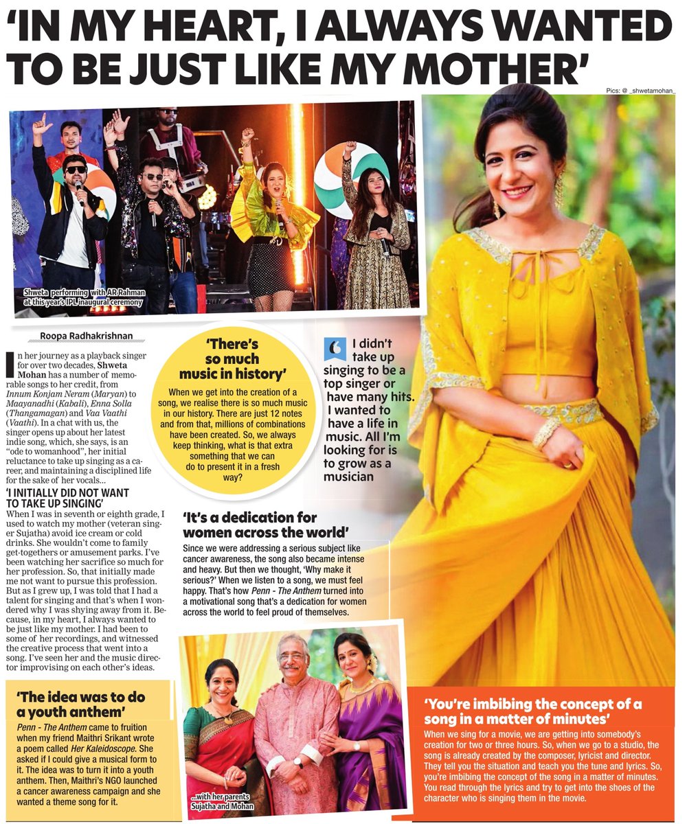 #ShwetaMohan about her latest indie song, which, she says, is an “ode to womanhood”, her initial reluctance to take up singing as a career, and maintaining a disciplined life for the sake of her vocals @_ShwetaMohan_