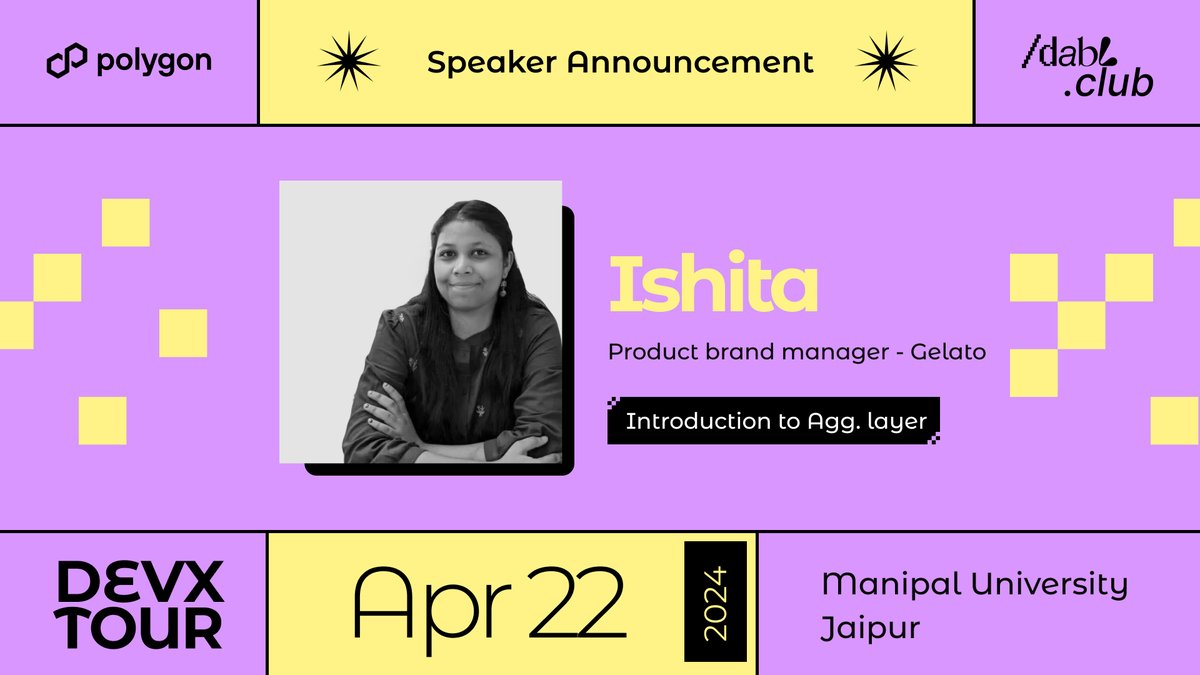 🎉Thrilled to have <a href="/Ishita_30/">Ishita</a> onboard as our next speaker for #DevXTour powered by <a href="/DablClub/">Dabl Club</a> 

👨‍💻she is a product brand manager at <a href="/gelatonetwork/">Gelato</a> and will be taking a session on 👇

Introduction to Agg layer ⛓

To attend her session 👉lu.ma/DablJaipur
