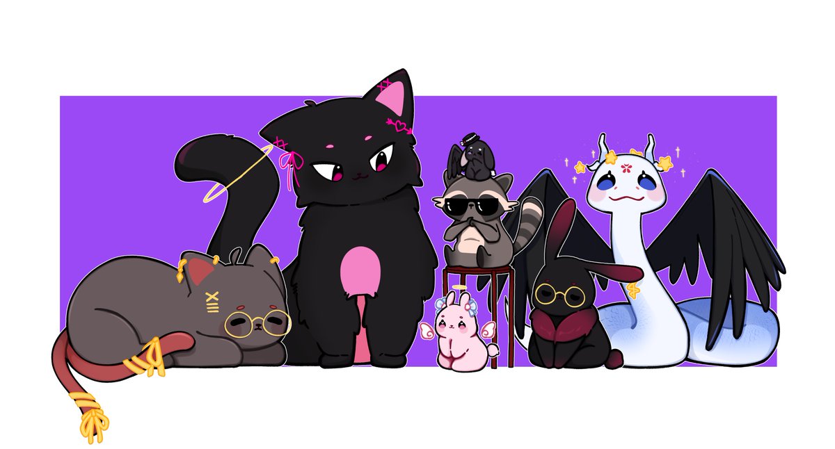 xseiyaya's tweet photo. i drew some of my friends as their animal personas!! 🐈🐈‍⬛🐇🐇🐇🦝🐍 #galleryue https://t.co/xNWKoGFAVw