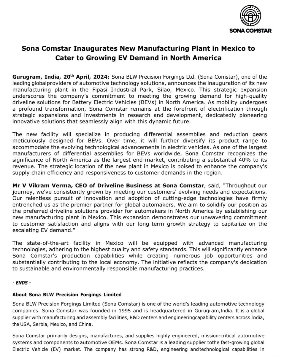 Sona Comstar Inaugurates New Manufacturing Plant in Mexico to Cater to Growing EV Demand in North America ✅

#sonacomstar #sabarisecurities