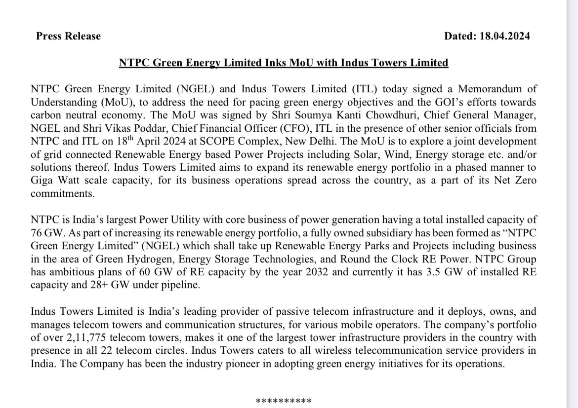 NTPC - NTPC Green Energy Limited Inks MoU with Indus Towers Limited ✅

#ntpc #sabarisecurities