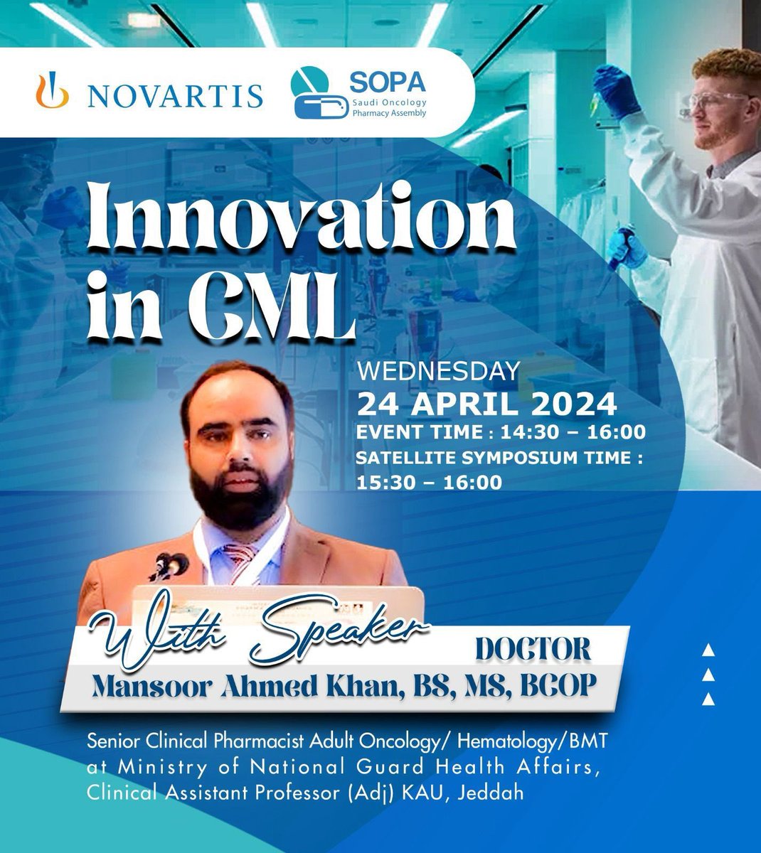 ✨Stay tuned this Wednesday after SOPA CLUB session our Guest Speaker Dr. Mansoor Khan will deliver a presentation titled “Innovation in CML” 

#SOPAClub #HematologyOncology #HemOnc #Learning Together #CML