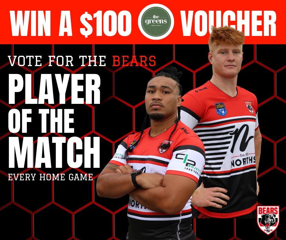 Vote for your Bears POTM for Rnd 7 & go in the draw to win a Social Bowls Voucher from our mates at The Greens North Sydney. The votes will be tallied each week to select the 2024 Fan Voted Bears Player of the Year. Be part of our team and vote today! buff.ly/3vEQPhj