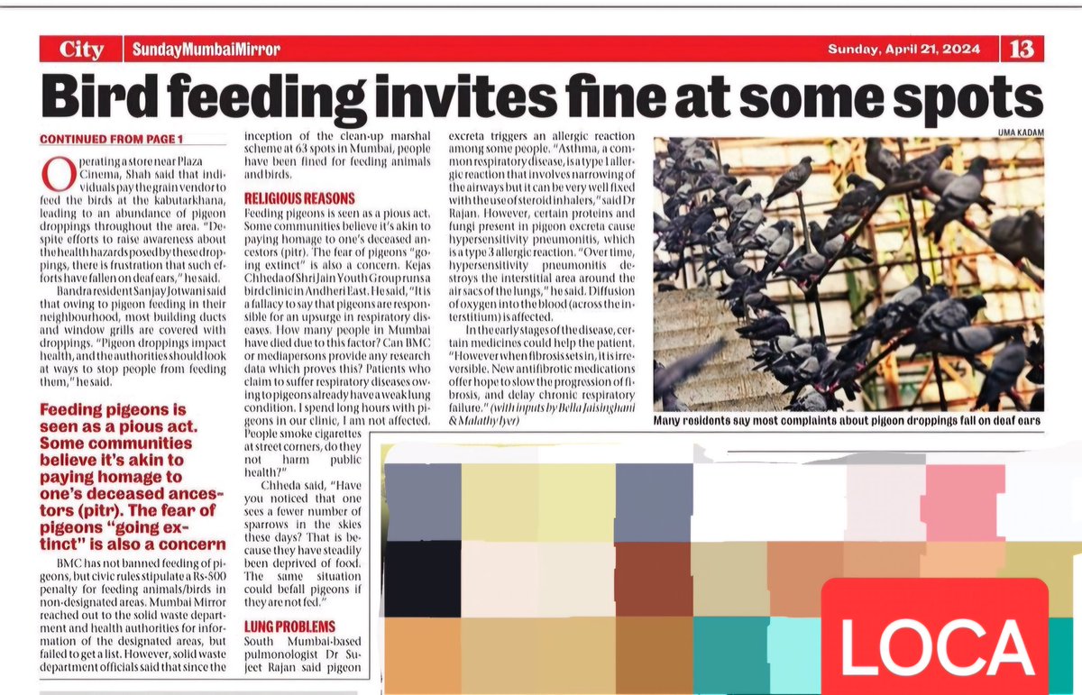 .@mumbaimirror covers citizens concerns on large scale #pigeon feeding in #Andheri 📰 @richapintoi BMC ought to come down heavily on such spots & shut it so that pulmonary disease spread due to droppings can be curtailed @saumyatandon @Divyanka_T @AskDrShashank @Atulysharma…