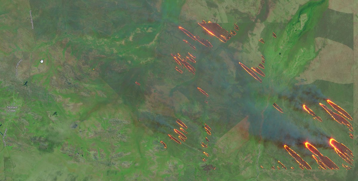 Sparking up East of Tennant Creek. This #sentinel2 Satellite image from mid-last week shows incendiary work to clean up remaining fuel in areas not burnt during the massive bushfires last year. A good time to burn, pity it wasn't done 12 months ago.