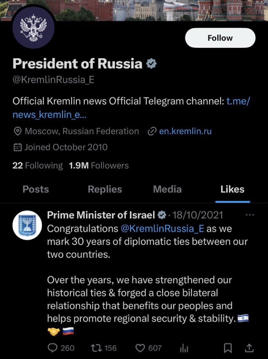 🇷🇺 Kremlin’in sosyal medyada beğendiği tek paylaşım.

🇷🇺 🤝 🇮🇱 İkili ilişkilerin güçlü olduğuna dair İsrail’in yayımladığı mesaj.