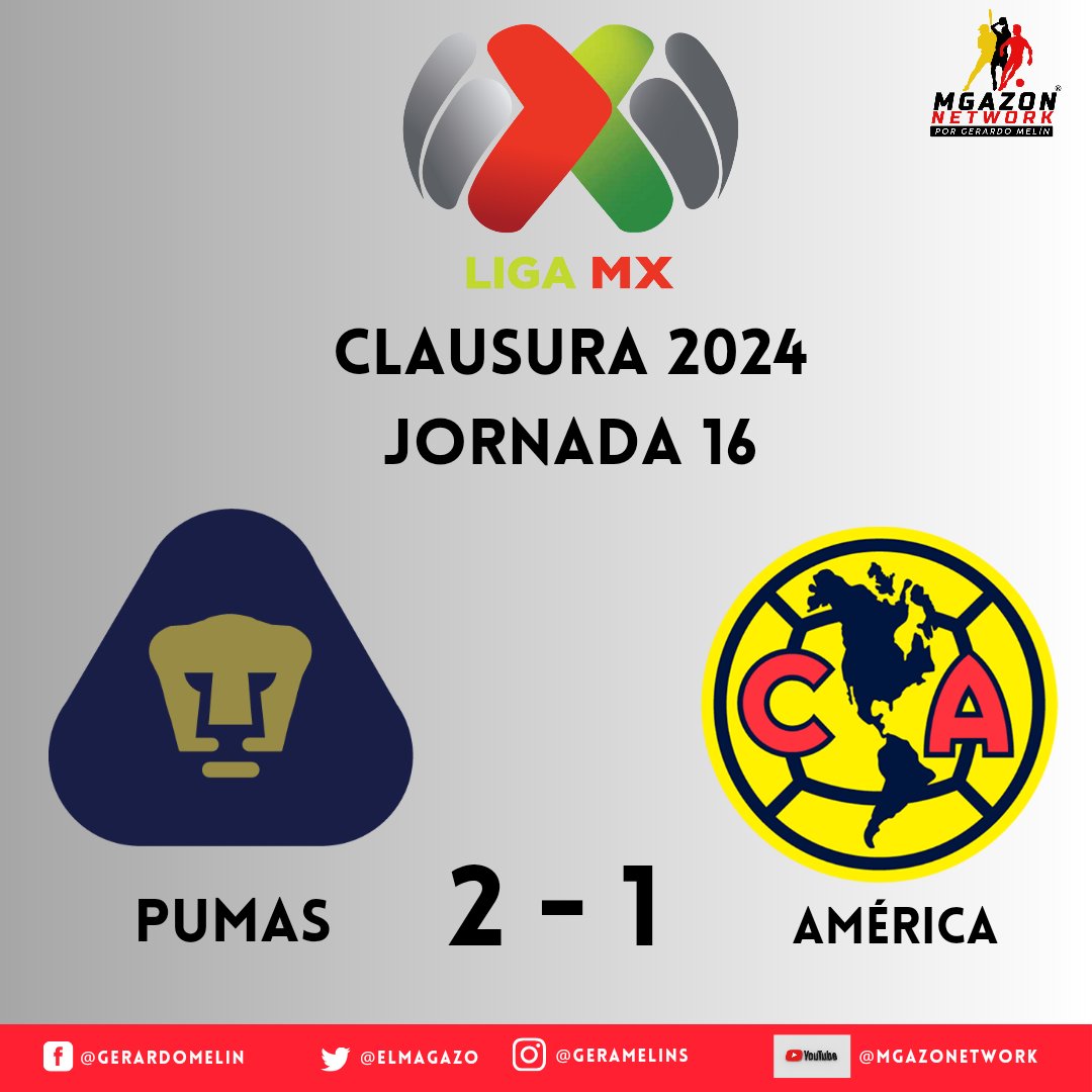 Pumas venció al América 2-1 en la Jornada 16 del #Clausura2024, los autores de los goles fueron Ulises Rivas y Leo Suárez 🐱🦅 ⚽🇲🇽🏟️ #LigaBBVAMX #Clausura2024 #ElMagazoMelinPresenta