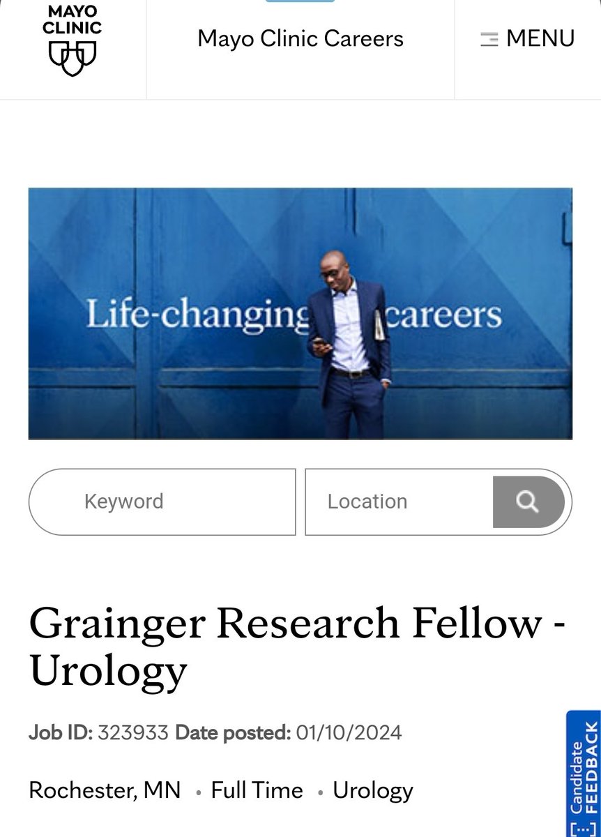 🚨 Research Position 🚨 ⚕️Research Fellow, Urology 🏥 Mayo Clinic Full description 👇🏼 jobs.mayoclinic.org/job/rochester/… Bookmark 🔖to apply later #imgmatch #MedEd #MedTwitter #MedStudentTwitter #IMG #IMGs #MatchDay #MATCH24 #MATCH25 #UnMatched