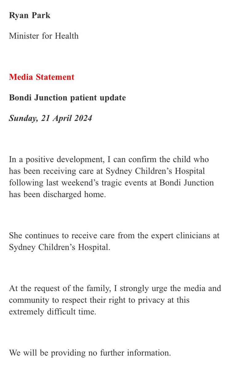 some excellent Sunday afternoon news just in: the baby injured in the Bondi Junction attack has been discharged from hospital 🤲