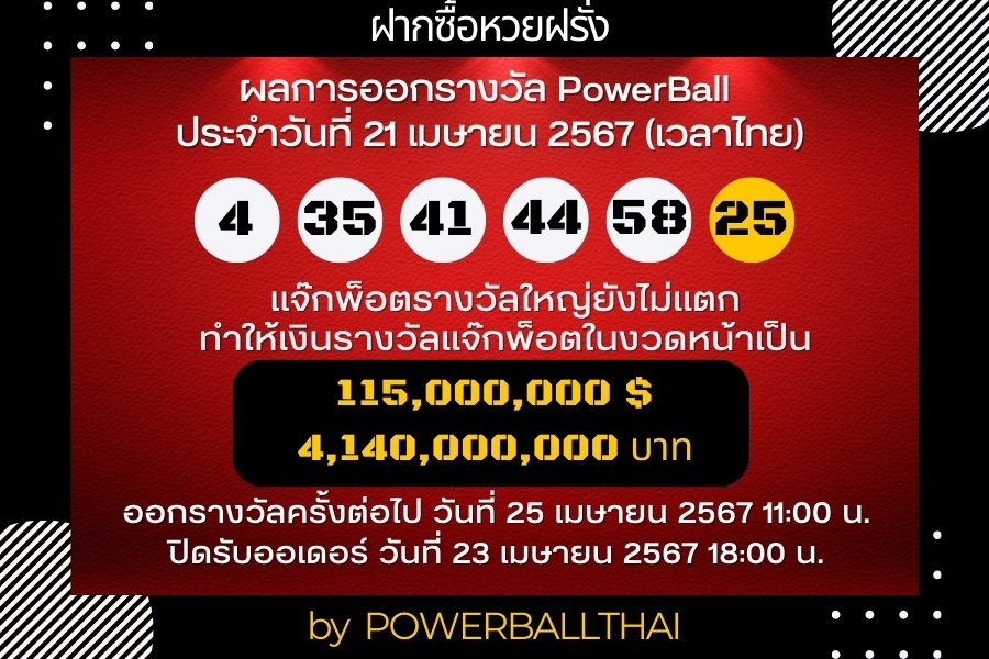 ผลการออกรางวัล Powerball งวดประจำวันที่ 21 เมษายน 2567 ตามเวลาประเทศไทย #powerball #megamillions #ฝากซื้อหวยฝรั่ง #หวยฝรั่ง #หวยนอก #playforrich #กองสลากอินเตอร์