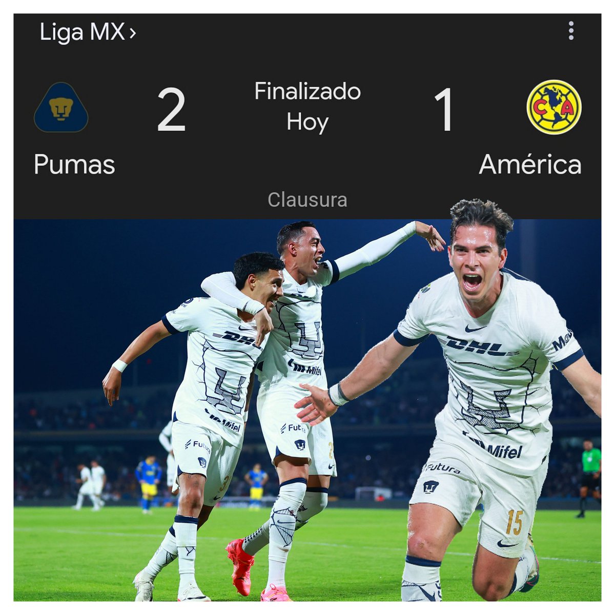 pumasmxrebel's tweet photo. Pumas le gana al América con un marcador de 2-1 en el Olímpico Universitario, con goles de Suárez y Rivas, Pumas sigue invicto en casa.

 #CLA24 #SoyDePumas #pumas #pumasmxrebel https://t.co/TfVUnK2GQz