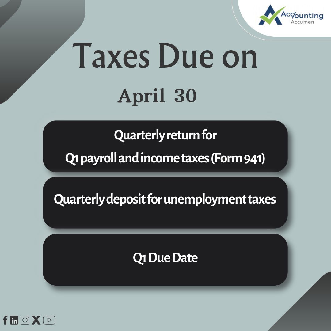 April brings tax deadlines – stay organized with these important dates! Need assistance? We're here to simplify your tax filing process. #taxseason #aprildeadlines #accountingaccumen