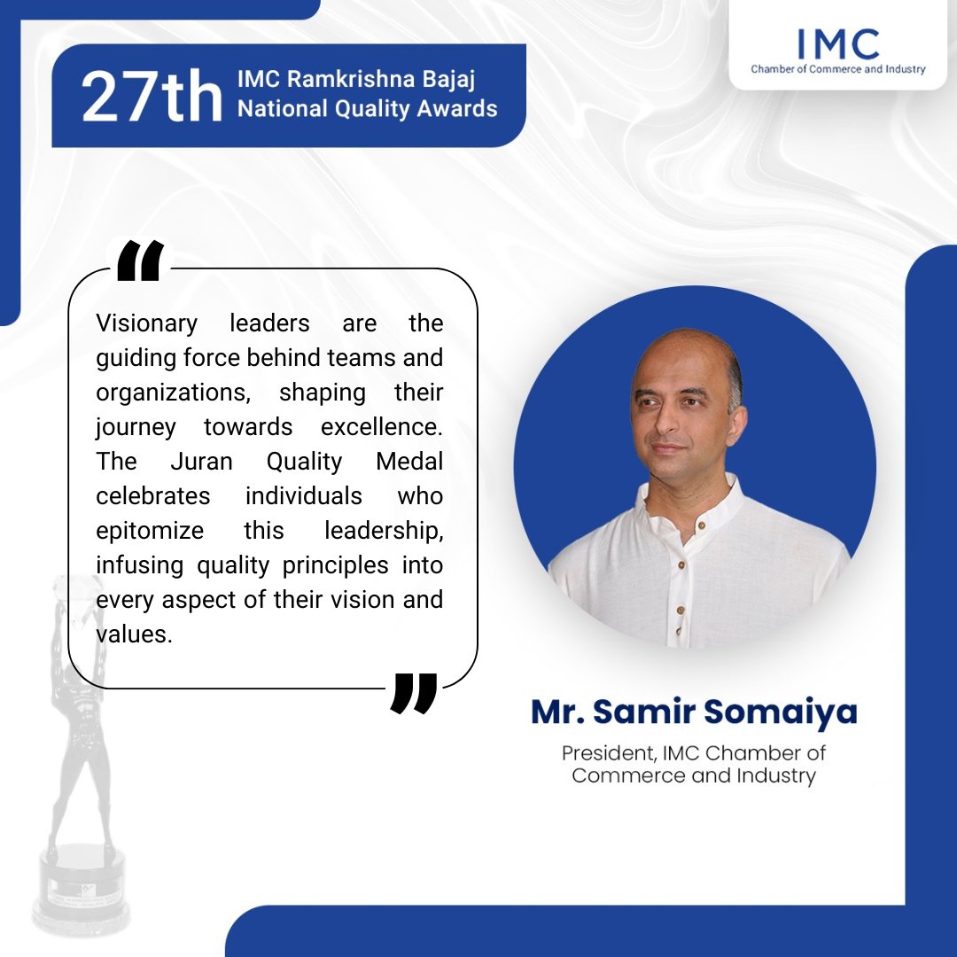 The insightful words of Mr. @SamirSomaiya, President, IMC at the 27th IMC Ramkrishna Bajaj National Quality Awards were profoundly impactful and rich with wisdom. #IMC #IMCRBNQA @k_satyarthi @IMC_RBNQA @TataCompanies @SureshLulla