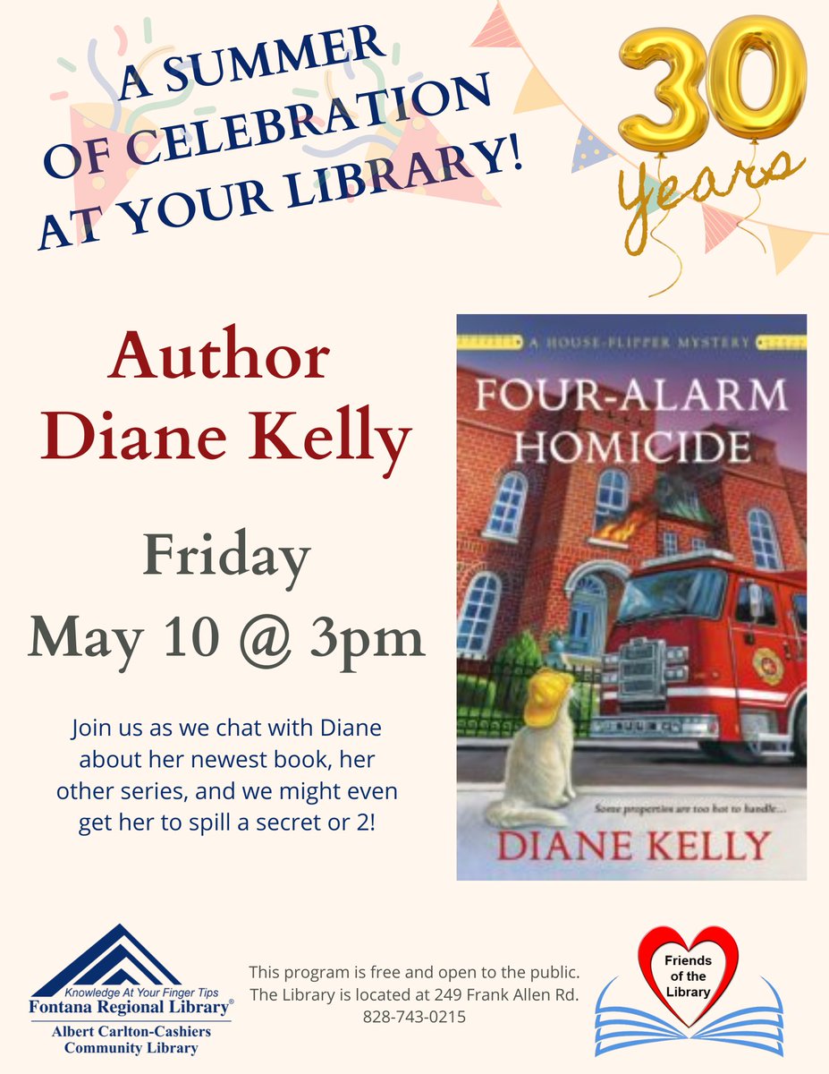 DianeKellyBooks's tweet photo. Join me at the Albert Carlton Library in Cashiers, North Carolina on Friday, May 10th at 3:00 when I'll discuss Four-Alarm Homicide and more! Details at: https://t.co/8lhg82zHGF
@StMartinsPress @MinotaurBooks #albertcarltonlibrary #cashiersnc #cashiersnorthcarolina #cozymystery https://t.co/iTJhGfUEKG
