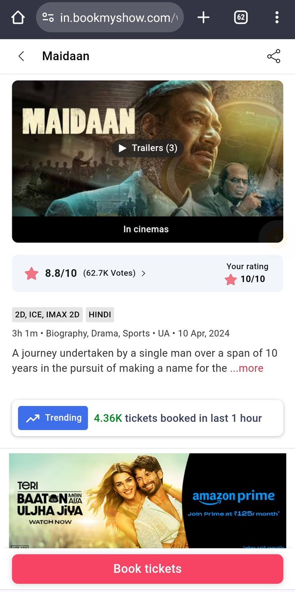 Fabulous !! 

#Maidaan movie has Picked the Momentum at the Box office!! 

BookMyShow is Buzzing with Fans Eager to Witness Ajay Devgn's portrayal of Coach Syed Abdul Rahim in #Maidaan !! 

A Huge 𝟰.𝟯𝟲𝗞 tickets Sold out for #Maidaan during last 1 hour.!! 

@ajaydevgn