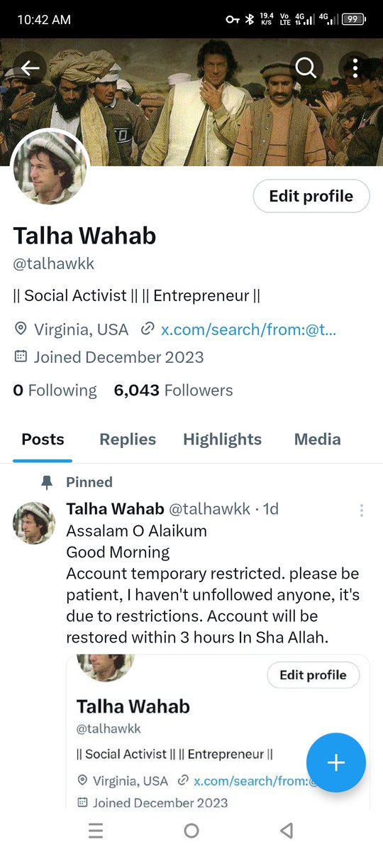 talhawkk's tweet photo. Assalam O Alaikum
Good Morning
Account temporary restricted. please be patient, I haven't unfollowed anyone, it's due to restrictions. Account will be restored within 3 hours In Sha Allah. https://t.co/W1eSTq4Rlx