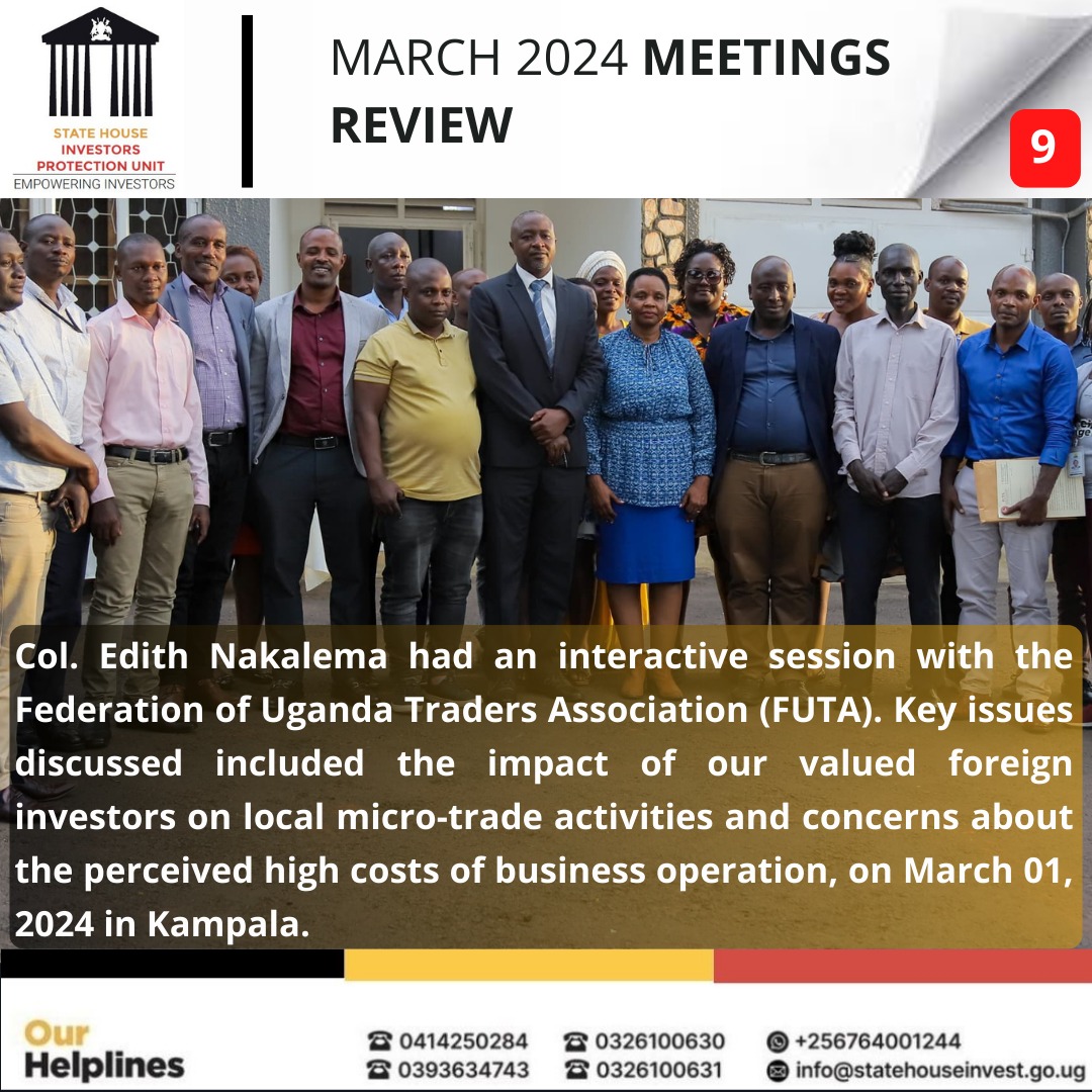 Om 1st March 2024, the head of @ShieldInvestors Col. @edthnaka met with the leadership of Federation of Uganda Traders Association (FUTA). They discussed about key issues that are affecting Traders in Uganda like high costs of businesses in Uganda. #EmpoweringInvestors