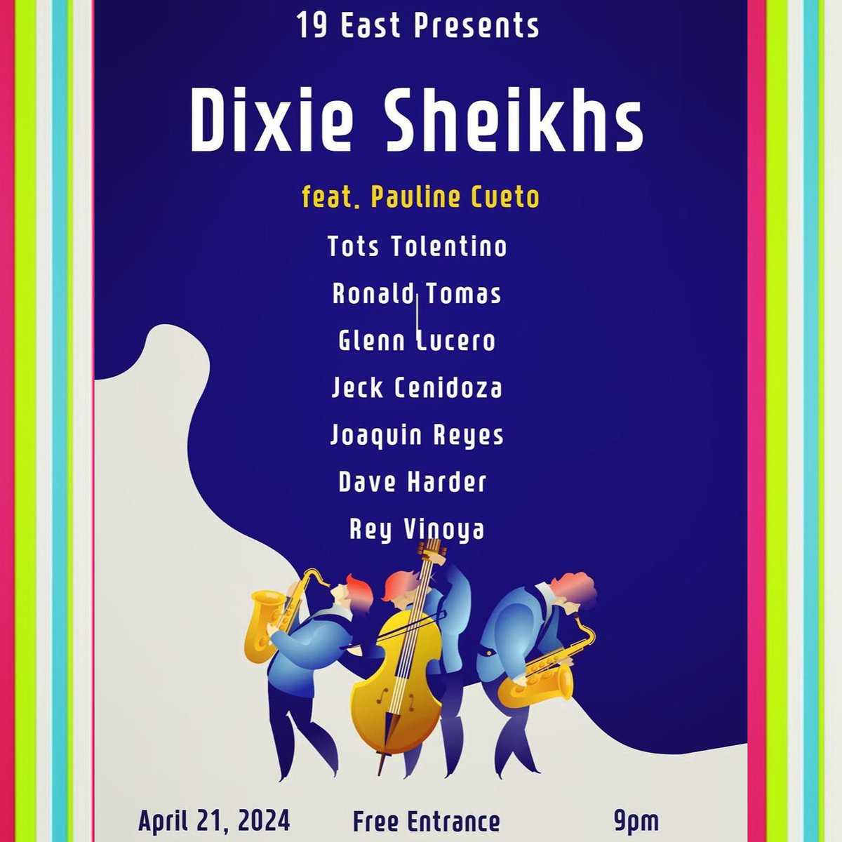 Enjoy New Orleans/Dixieland jazz from the Dixie Sheikhs tonight, April 21! There is no entrance fee, so bring everyone! Seating is first-come, first-served. Doors open at 7pm. Performance starts around 9pm. No age limit. See you.